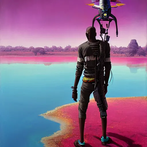 Prompt: a zulu cyberpunk hunter with a drone near a pink lake witha a baobab tree by greg rutkowski and android jones in a surreal portrait style, oil on canvas, 8k resolution.