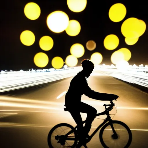 Image similar to a person on a high-tech glowing bicycle with LED lights and a rocket engine, flames and fire shooting out the back, light trails and motion blur, bokeh, night, street, stylized photo