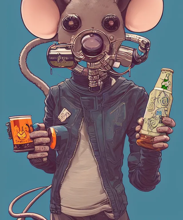 Image similar to a portrait of an anthropomorphic cyberpunk mouse holding a can of beer, cyberpunk!, fantasy, elegant, digital painting, artstation, concept art, matte, sharp focus, illustration, art by josan gonzalez