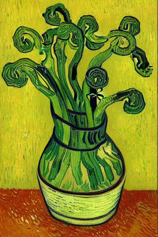 Image similar to Fiddleheads, painted by Vincent Van Gogh (1890), oil on canvas, detailed brushstrokes