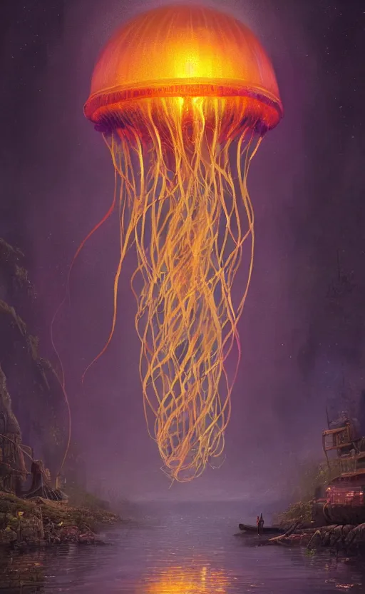 Prompt: glowing jellyfish immigration down a river, evocative, mystical night, detailed, award winning, masterpiece digital painting by Greg Rutkowski, Alex Grey, artstation, 4k wallpaper