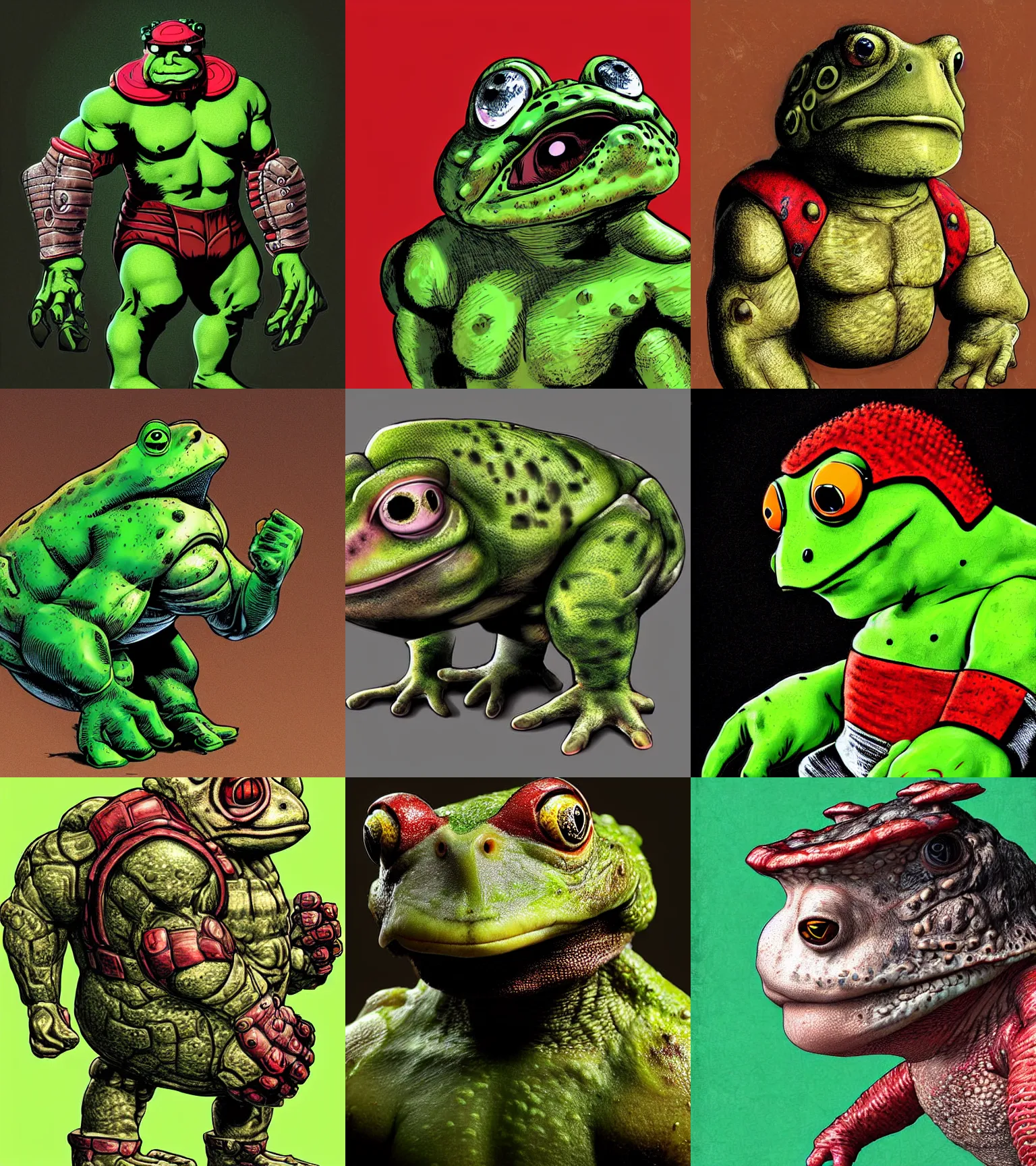 Prompt: toad animal!!! sideview full shot!! close up cyborg! rugged knight hulk toad animal superhero, real photograph style