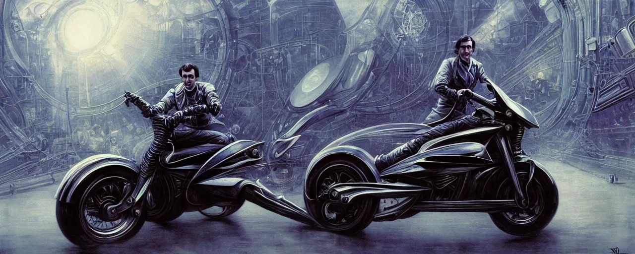 Image similar to nikola tesla riding a futuristic motorbike designed by h. r. giger, nikola is driving through a city with heavy traffic, rule of thirds, uhd 8 k, high detail, masterpiece, cinematic, bokeh, hyperdetailed, photorealistic, hyperrealism, intricate, by stanley artgerm lau, greg rutkowski, moebius