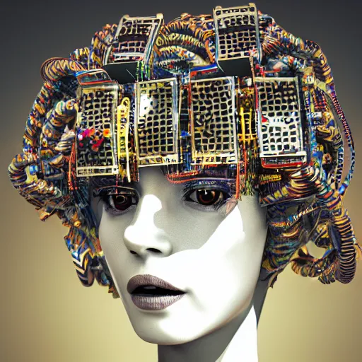 Image similar to deeper into the metaverse we go, piles of modular synth cables mixed with roots, kawaii puerto rican goddess swimming up wearing a headpiece made of circuit boards, by cameron gray, wlop, stanley kubrick, masamune, hideki anno, jamie hewlett, unique perspective, trending on artstation, 3 d render, vivid