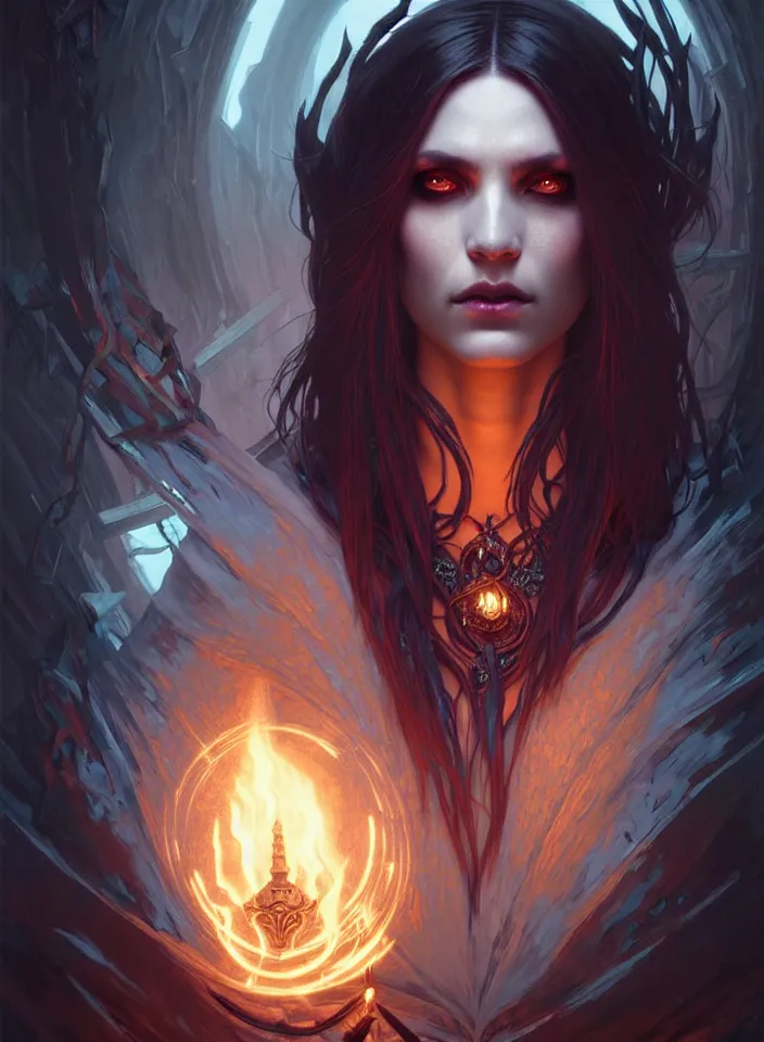 Image similar to Necromancer Sorceress face in center, fantasy magic, undercut hairstyle, dark light night, intricate, elegant, sharp focus, illustration, highly detailed, digital painting, concept art, matte, art by WLOP and Artgerm and Greg Rutkowski and Alphonse Mucha, masterpiece