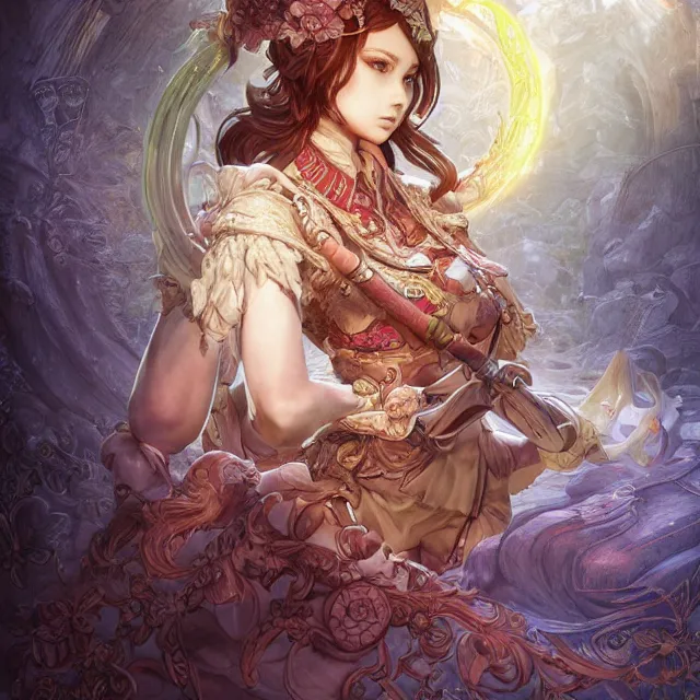 Image similar to portrait of neutral good colorful female cleric bard healer as absurdly beautiful, elegant, young skinny gravure idol, ultrafine hyperdetailed illustration by kim jung gi, irakli nadar, intricate linework, sharp focus, bright colors, octopath traveler, final fantasy, unreal engine highly rendered, global illumination, radiant light, detailed intricate environment