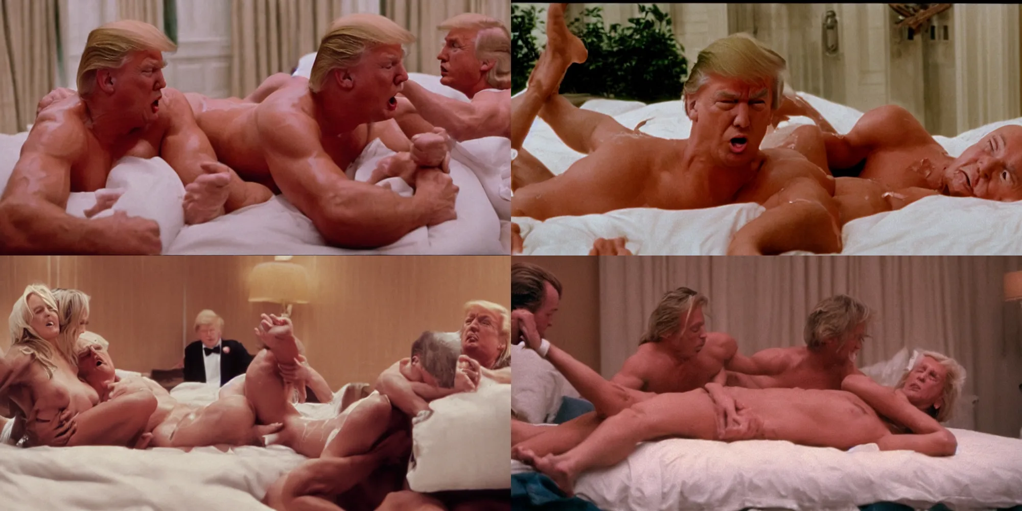 Prompt: stormy daniels lotion drips wrestling donald trump on a bed directed by wes anderson, cinestill 8 0 0 t, 1 9 8 0 s movie still, film grain