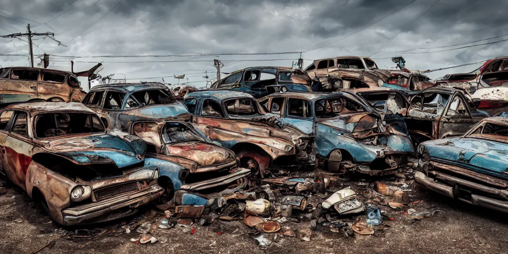 Prompt: junk yard cars inception endless detailed photography 8k