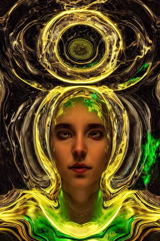 Prompt: transparent marble obsidian psychedelic jazz portrait of an angel, green silk, flowing water, glowing goldembers, spiritual vibes, glass flame, amaro, art nouveau, foamy bubbles, redshift render, cgi, 3 d, hyper - detailed, ultra - realistic, photo - bash, 8 k post - production, masterpiece