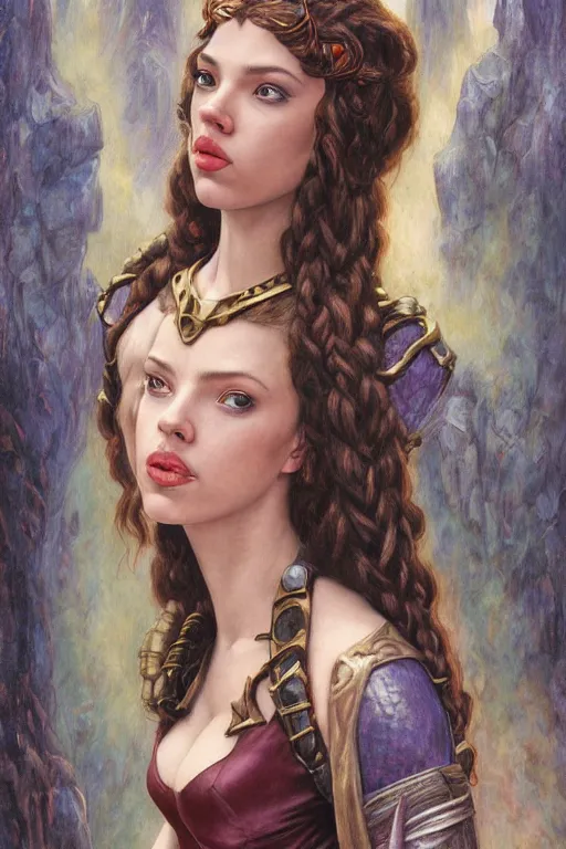 Image similar to A fantasy comic book style portrait painting of a hybrid Scarlett Johansson, Anya Taylor-Joy, as a Mystical Valkyrie, a beautiful female Reptilian Warrior, Regal, Realistic, Refined, Detailed Digital Art, Josephine wall, Oil Painting, William-Adolphe Bouguereau, Art Frahm, Esao Andrews, Steampunk, Walt Disney (1937), Highly Detailed, Cinematic Lighting, Unreal Engine, 8k, HD