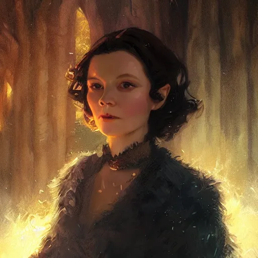 Image similar to closeup portrait of a young vivian leigh as a wizard casting magic, forest background, megacity, high fantasy, dramatic light, gorgeous view, depth, high detail, digital art, painted by greg rutkowski, trending on artstation