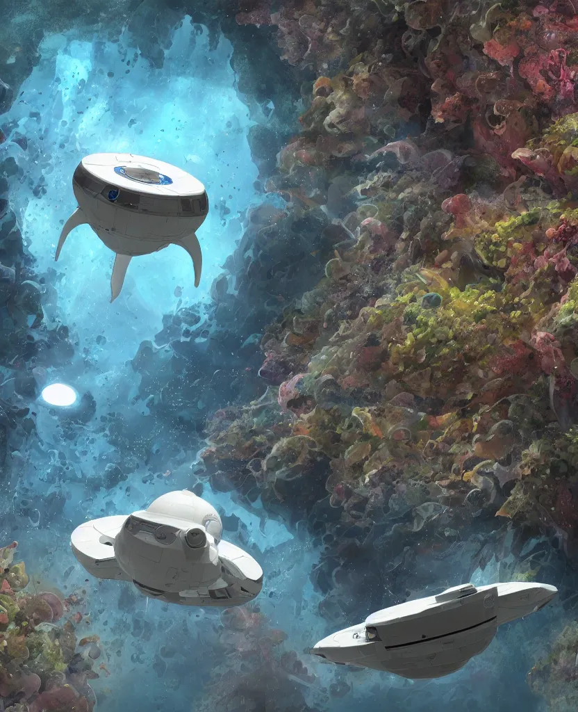 Image similar to white disc - shaped spacecraft submarine, fusion of subnautica and star trek, flying through a spectacular exotic underwater kelp forest canyon, schools of fish, in the style of john eaves ron walotsky ralph mcquarrie, soft natural volumetric lighting, realistic 4 k unreal engine 5 beautifully detailed render, 4 k post processing, trending on artstation