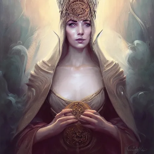 Image similar to portrait of a beautiful sorceress in an ornate hood, by charlie bowater, loish, peter mohrbacher, artgerm, greg rutkowski, krenz cushart, wlop