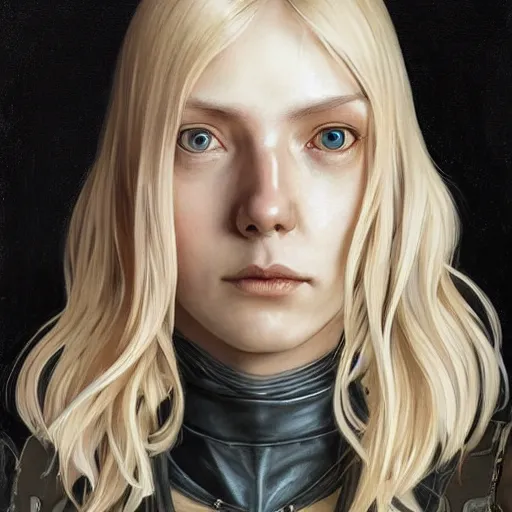 Prompt: Blonde Girl from Death Stranding with thin lips, pronounced cheekbones, hair of medium length (longer caret), highly detailed, digital painting, artstation, concept art, smooth, sharp focus, illustration, ArtStation, art by artgerm and greg rutkowski and alphonse mucha and J. C. Leyendecker and Edmund Blair Leighton and Katsuhiro Otomo and Geof Darrow and Phil hale and Ashley wood and Ilya repin and Charlie Bowater