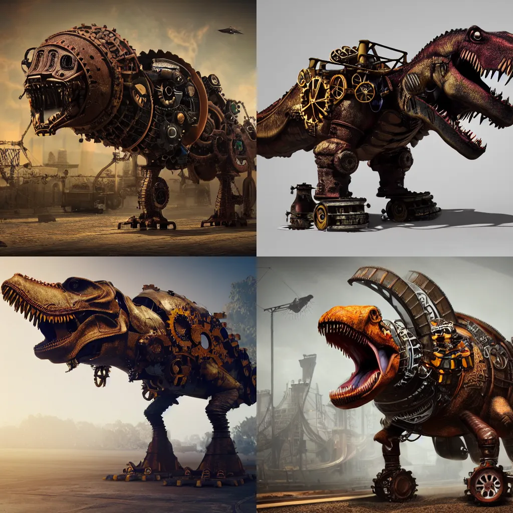 Prompt: A steampunk tyrannosaurus, cogs and wheels, mechanical hydraulics, epic composition, 8k, octane render, transparent background, trending on ArtStation