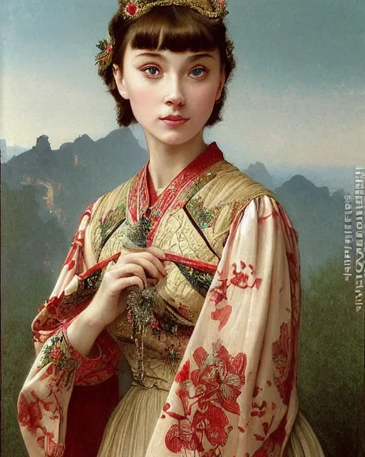 Prompt: a girl who resembles a 16-year old Audrey Hepburn and Scarlett Johansson, dressed in ornate, detailed, intricate Chinese imperial robes, detailed oil painting by William Adolphe Bouguereau and Donato Giancola