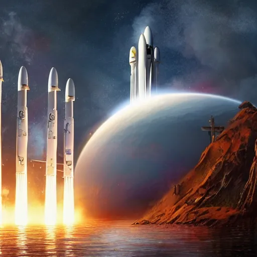 Prompt: a beautiful matte painting of a scenic environment with an intercontinental spacex falcon 9 being launched, trending on artstation