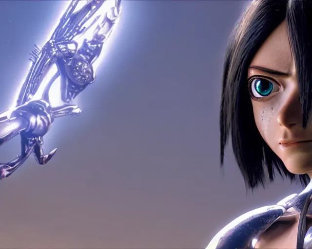 Image similar to battle angel alita, film still, photorealistic, lifelike, cinematic lighting, high detail, high resolution