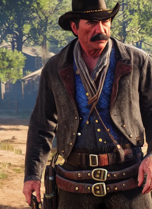 Image similar to film still of tom selleck as dutch van der linde in red dead redemption 2, gameplay, 8 k, hd