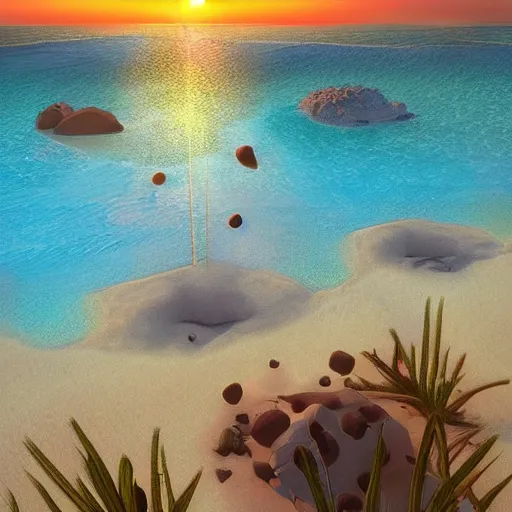 Image similar to “poop island with flies, Bahamas, Beautiful sunset, dynamic lighting, blue water, white sand, dolphin made of poop jumping out of water, trending on artstation, detailed, masterpiece”