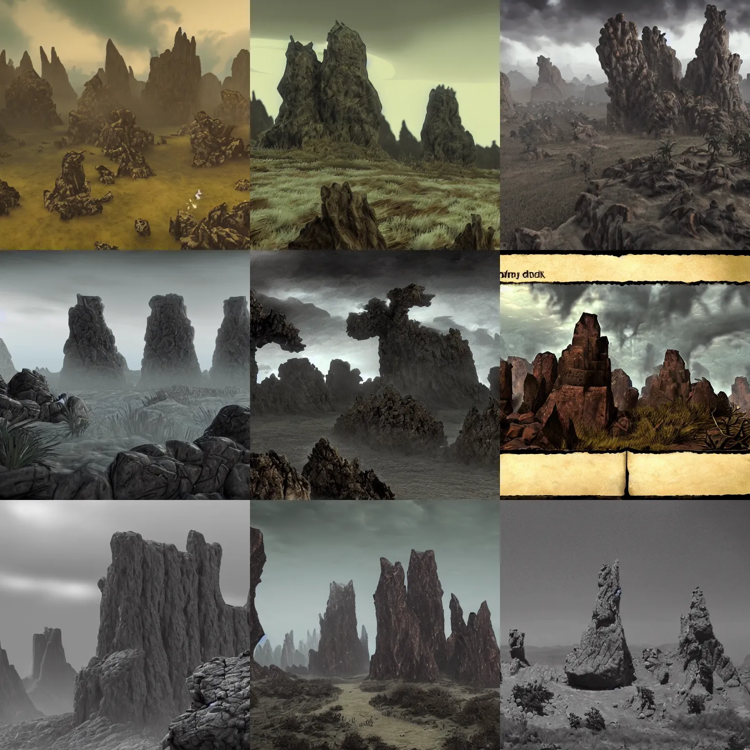 Prompt: a gloomy region, with jagged rock formations rising out of the bleak, desolate lowlands.