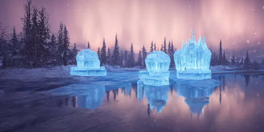 Image similar to very reflective ice palace, aurora sky, very reflective cinematic lighting, atmospheric lighting, focus, ultra realistic, detailed, award winning, trending on artstation, digital art