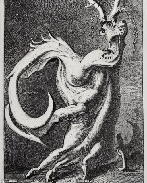 Image similar to a creature with the body and eyes of a man, with the beak of an eagle, the mane of a lion, and the horns of an ox. drawn by francis bacon