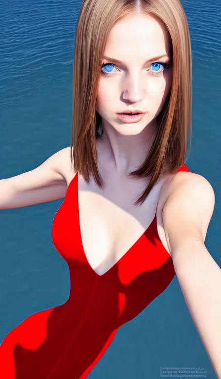 Prompt: professional digital art of a white incredibly !!!!attractive!!!! woman with light brown hair, beautiful face, blue eyes front view facing camera, wearing a tight red dress, very attractive, impressive, Canon 40mm view, HD, 4k, cinematic, well composed, best on artstation, cgsociety, wlop, epic, stunning, gorgeous, masterpiece,