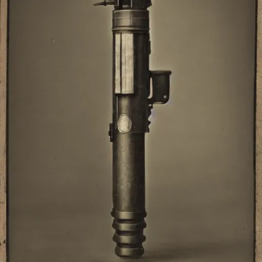 Prompt: Tintype photograph of a lightsaber and Star Wars blaster displayed in an ethnographic museum, archive material, anthropology, 1920s studio lighting.