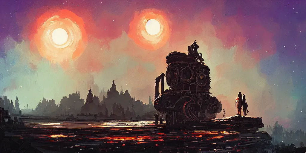 Image similar to a mysterious epic gouache painting of a steampunk planet by alena aenami in the style of romanticism art, trending on art station