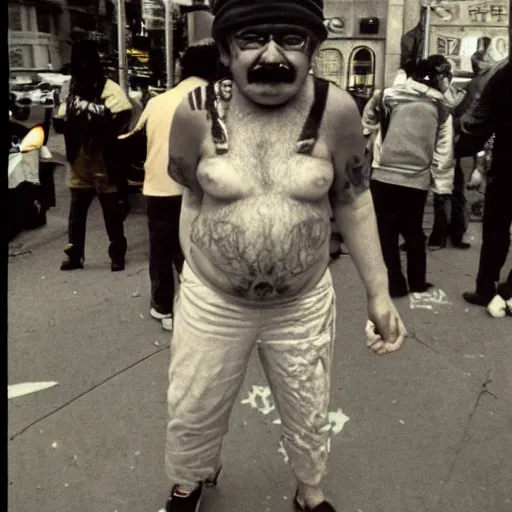 Prompt: wario 1970s street performer on lsd, hyperrealism candid 35mm grainy film photography-n 9