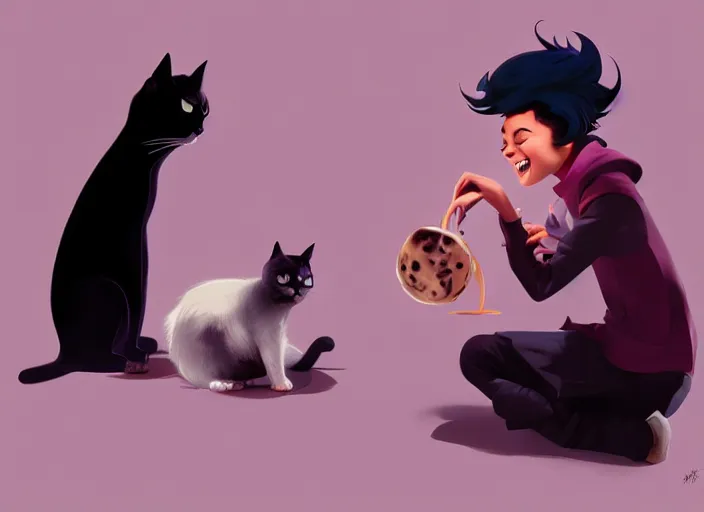 Prompt: a tomboy girl being happy with her cat. style by petros afshar, christopher balaskas, goro fujita, and rolf armstrong.