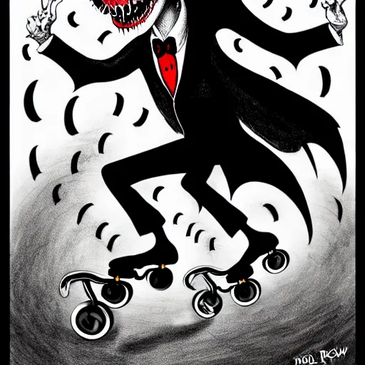 Image similar to black and white trippy full body depiction of dracula the vampire roller skating on roller skates, drawn by martin rowson, tim burton, alex pardee, nekro petros afshar, james mcdermott, tim burton, cgsociety, awesome, stunning, 4 k