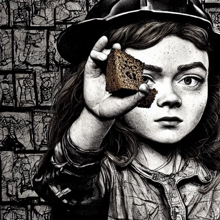 Prompt: extreme close - up on sadie sink as a miner : she lifts stale bread with her hand. background : black tiles on walls. black and white, pencil and ink. by gabriel hardman, joe alves, chris bonura. cinematic atmosphere, detailed and intricate, perfect anatomy