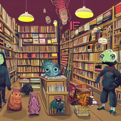 Prompt: weird creatures from outer space shopping in a record store, surreal, concept art