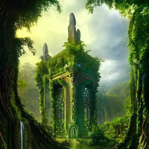 Image similar to a beautiful and highly detailed matte painting of an epic palace in a lush garden in a beautiful forest, carved celtic stone runes, psychedelic colors, intricate details, epic scale, insanely complex, hyperdetailed, artstation, cgsociety, 8 k, sharp focus, hyperrealism, by caspar friedrich, albert bierstadt, james gurney, brian froud,