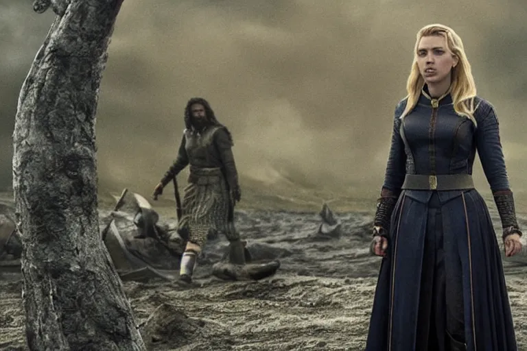 Image similar to starfleet uniform, scarlett johansson, in starfleet uniform, playing lagertha in a scene from the tv series vikings, directed by christopher nolan