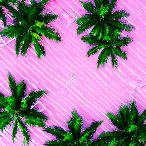 Image similar to close up aerial view photo of a sparkling swimming pool with palm tree leaves on the edges, pastel faded effect, synthwave colors, 8K