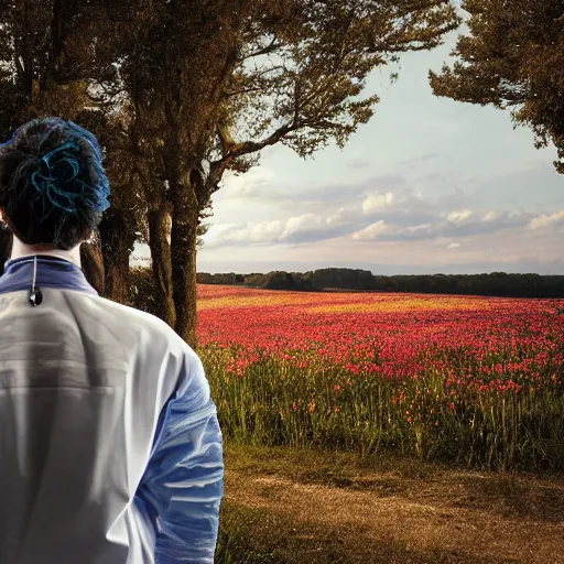 Image similar to rick sanchez in lab suit, face to camera walking in a field. france, dordogne, hills, ultra high, face to camera, detail, 8 k, sunset, flowers, trees, river, hills, octane render.