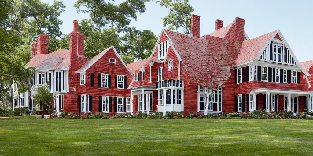 Prompt: red brick wooden cape cod with wood and tile white black mansion by mcalpine house, by jackson & leroy architects
