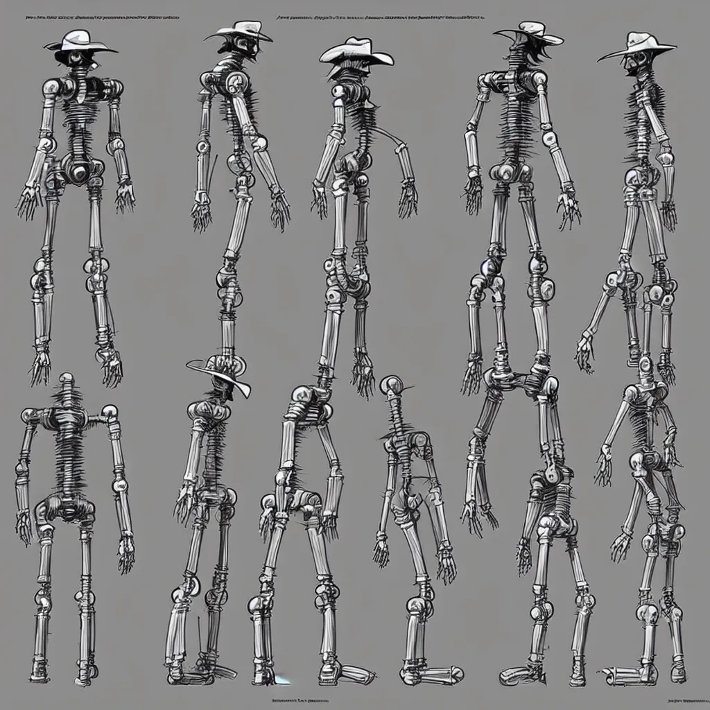 Image similar to pose reference sheet for salvaged robot pilgrim, art by moebius, reference