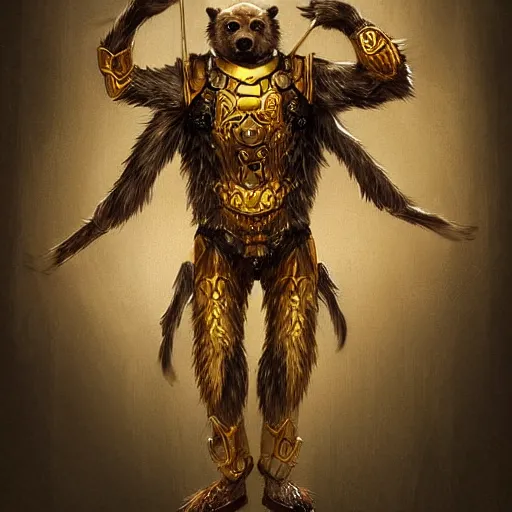 Prompt: A bear spider mage in golden armor, high detail, sharp, digital art trending on artstation