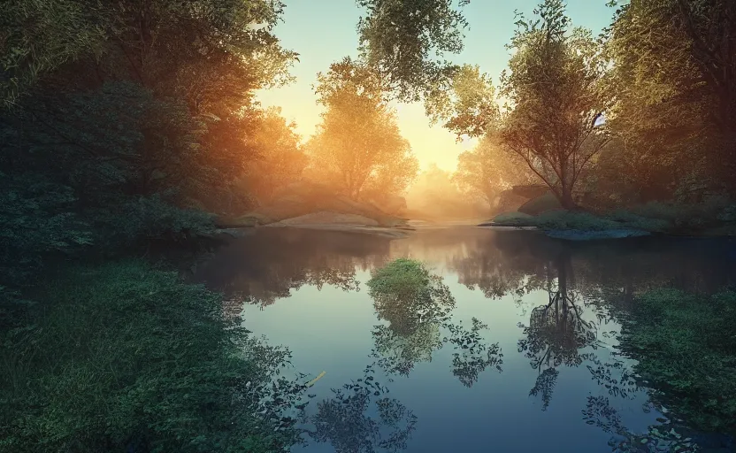 Image similar to a river in the middle of a forest at sunrise, vector art, trending on deviantart, highly detailed, high quality, 8 k, soft lighting, bloom, godrays, complementary colors, octane render, unreal engine 5, path traced, beautiful landscape, serene landscape, fancy colors