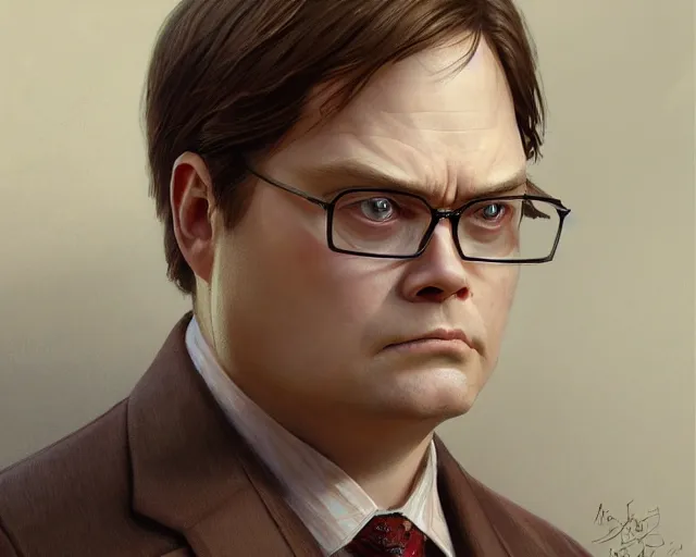 Image similar to close up of dwight schrute wearing a brown suit and necktie, focus, d & d, intricate, elegant, highly detailed, digital painting, artstation, concept art, matte, sharp focus, illustration, hearthstone, art by artgerm and greg rutkowski and alphonse mucha