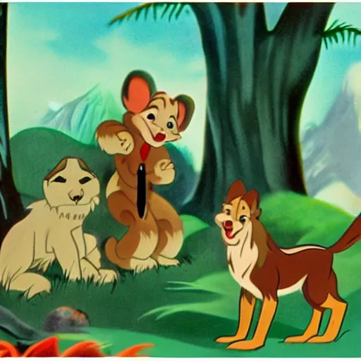 Image similar to 1940s disney film about talking forest animals super high detail