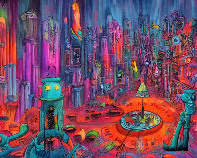 Image similar to surreal colorful nightmarish cityscape, artwork by ralph bakshi