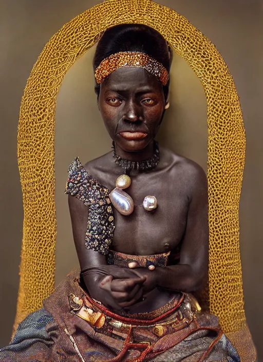 Image similar to hyperrealism, detailed textures, award winning autochrome african colonial 1 9 0 5 photo, symetrical japanese geisha, autochrome pearl portrait, pearl silverplate, intricate, detailed facial pearl scary animal mask, pearl, golden jewelery, silverplate, ultra realistic, cinematic, intricate, cinematic light by steve mccurry, unreal engine 8 k
