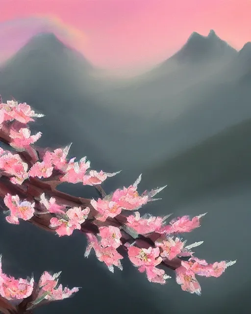 Image similar to a beautiful painting of peach blossoms on the clouds, brilliant peaks, dense fog, early morning, by by yoneyama mai, trending on artstation