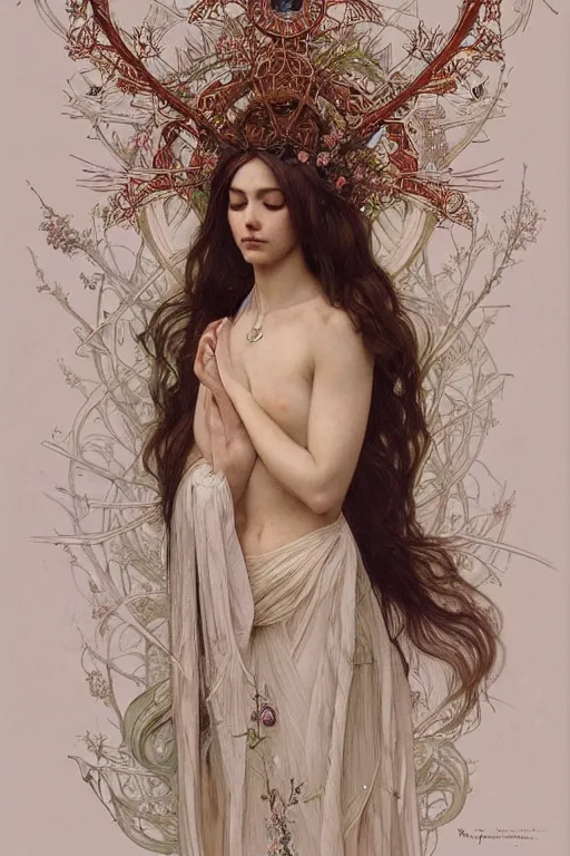 Image similar to a full body portrait of a beautiful ethereal delicate botanical mage queen meditative sacral pose catholic stages of the cross, intricate, elegant, highly detailed, digital painting, artstation, concept art, smooth, sharp focus, illustration, art by krenz cushart and artem demura and alphonse mucha