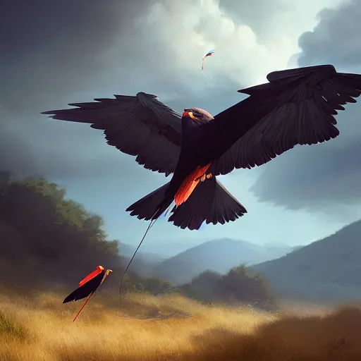 Image similar to kite bird, milvus milvus, milano bird, flying in avila mountains, 4 k, concept art, by wlop, ilya kuvshinov, artgerm, krenz cushart, greg rutkowski, pixiv. cinematic dramatic atmosphere, sharp focus, volumetric lighting, cinematic lighting, studio quality